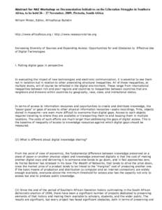 Abstract for NAI Workshop  on Documentation Initiatives on the Liberation Struggles in Southern Africa, to be held 26 – 27 November, 2009, Pretoria, South Africa William Minter, Editor, AfricaFocus Bulletin