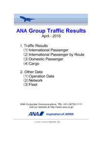 ANA Group Traffic Results AprilTraffic Results （1）International Passenger （2）International Passenger by Route