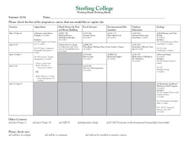 Sterling College Working Hands.Working Minds. Summer 2014	  Name_________________________________________________________________________________