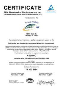 CERTIFICATE TUV Rheinland of North America, Inc[removed]Massachusetts Avenue, Suite 103, Boxborough, MA[removed]Hereby certifies that