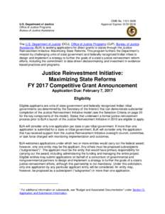 Justice Reinvestment Initiative: Maximizing State Reforms FY 2017 Competitive Grant Announcement