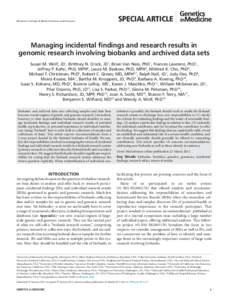 ©American College of Medical Genetics and Genomics  special article Managing incidental findings and research results in genomic research involving biobanks and archived data sets