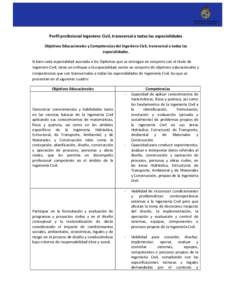 Perfil profesional Ingeniero Civil, transversal a todas las especialidades Objetivos Educacionales y Competencias del Ingeniero Civil, transversal a todas las especialidades. Si bien cada especialidad asociada a los Dipl