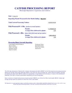 CATFISH PROCESSING REPORT Mississippi Department of Agriculture and Commerce Date: 11-Jun-14 Reporting Pounds Processed for the Month Ending: May 2014 Total Current Processing Volume: