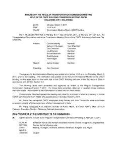 MINUTES OF THE REGULAR TRANSPORTATION COMMISSION MEETING HELD IN THE ODOT BUILDING COMMISSION MEETING ROOM OKLAHOMA CITY, OKLAHOMA