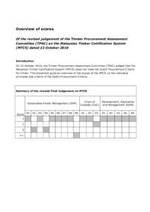 Overview of scores Of the revised judgement of the Timber Procurement Assessment Committee (TPAC) on the Malaysian Timber Certification System (MTCS) dated 22 OctoberIntroduction