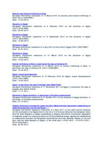 Security and human trafficking in Sinai European Parliament resolution of 13 March 2014 on security and human trafficking in Sinai[removed]RSP)) Date : [removed]Situation in Egypt European Parliament resolution of 6