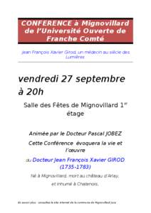 CONFERENCE à Mignovillard de l’Université Ouverte de Franche Comté Jean François Xavier Girod, un médecin au siècle des Lumières