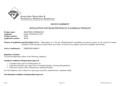 APPLICATION FOR REGISTRATION OF A CHEMICAL PRODUCT