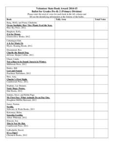 Volunteer State Book AwardBallot for Grades Pre-K-2 (Primary Division) Please enter the total of votes for each book in the left column and fill out the identifying information at the bottom of the ballot. Book 