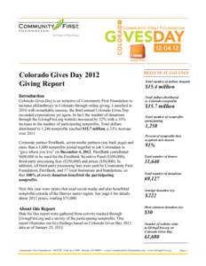 Colorado Gives Day 2012 Giving Report Introduction Colorado Gives Day is an initiative of Community First Foundation to increase philanthropy in Colorado through online giving. Launched in 2010 with remarkable success, t