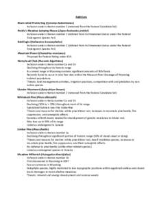Additions Black-tailed Prairie Dog (Cynomys ludovicianus) - Inclusion under criterion number 2 (removed from the Federal Candidate list) Preble’s Meadow Jumping Mouse (Zapus hudsonius preblei) - Inclusion under criteri
