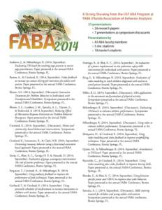 A Strong Showing from the USF ABA Program at FABA (Florida Association of Behavior Analysis) 33 presentations »» 26 research papers »» 7 presentations as symposium discussants Presentations by