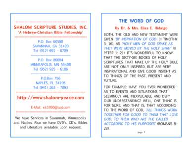 ---------------------------------------------------------  THE WORD OF GOD SHALOM SCRIPTURE STUDIES, INC.