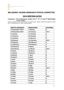 BELLBERRY HUMAN RESEARCH ETHICS COMMITTEE 2015 MEETING DATES Frequency: Five meeting per month; the 1st, 2nd, 3rd and 4th Wednesday in the month Extra meetings may be called when the need arises. Please contact the Bellb