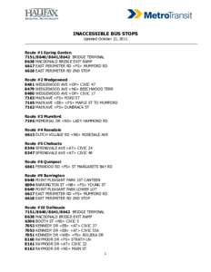 INACCESSIBLE BUS STOPS Updated October 21, 2011 Route #1 Spring Garden[removed]8642 BRIDGE TERMINAL 8638 MACDONALD BRIDGE EXIT RAMP