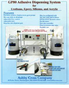 GP80 Adhesive Dispensing System for Urethane. Epoxy, Silicone, and Acrylic Features Precision, positive displacement, gear pumps Wet cup seals on all pumps