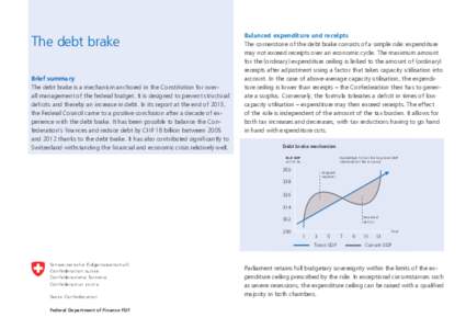 The debt brake Brief summary The debt brake is a mechanism anchored in the Constitution for overall management of the federal budget. It is designed to prevent structural deficits and thereby an increase in debt. In its 