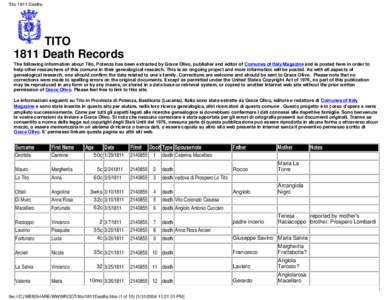 Tito 1811 Deaths  TITO 1811 Death Records The following information about Tito, Potenza has been extracted by Grace Olivo, publisher and editor of Comunes of Italy Magazine and is posted here in order to help other resea