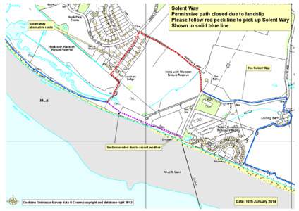 Solent Way Permissive path closed due to landslip Please follow red peck line to pick up Solent Way