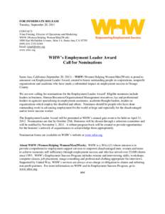 FOR IMMEDIATE RELEASE Tuesday, September 20, 2011 CONTACT: Trina Fleming, Director of Operations and Marketing WHW (Women Helping Women/Men2WorkEast McFadden Avenue, Suite 1A, Santa Ana, CA 92705