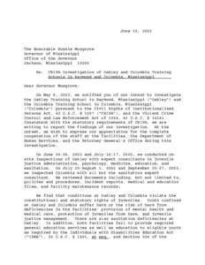 Oakley and Columbia Training Schools Findings Letter - June 19, 2003