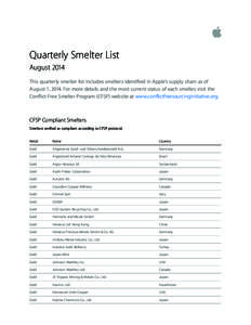 Quarterly Smelter List August 2014 This quarterly smelter list includes smelters identified in Apple’s supply chain as of August 1, 2014. For more details and the most current status of each smelter, visit the Conflict