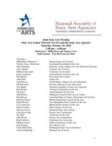 Joint State Arts Meeting State Arts Action Network (SAAN) and the State Arts Agencies Saturday, October 16, 2010 2:00 pm – 4:00 pm Moderators: Philip Horn and Tommy Usrey Staff Liaisons: Tom Birch and Jay Dick