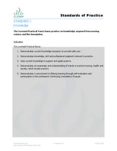 Standards of Practice STANDARD I Knowledge The Licensed Practical Nurse bases practice on knowledge acquired from nursing science and the humanities. Indicators