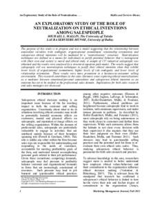 An Exploratory Study of the Role of Neutralization[removed]Mallin and Serviere-Munoz AN EXPLORATORY STUDY OF THE ROLE OF NEUTRALIZATION ON ETHICAL INTENTIONS