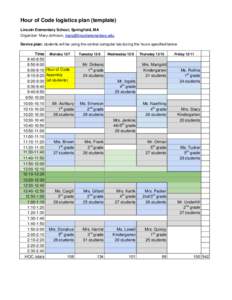 Hour of Code logistics plan (template) Lincoln Elementary School, Springfield, MA Organizer: Mary Johnson,  Device plan: students will be using the central computer lab during the hours specifie