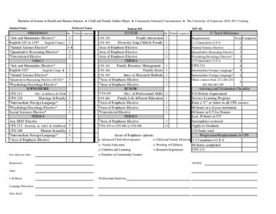 Bachelor of Science in Health and Human Sciences ● Child and Family Studies Major ● Community Outreach Concentration ● The University of TennesseeCatalog Student Name: Preferred Name:  FRESHMAN