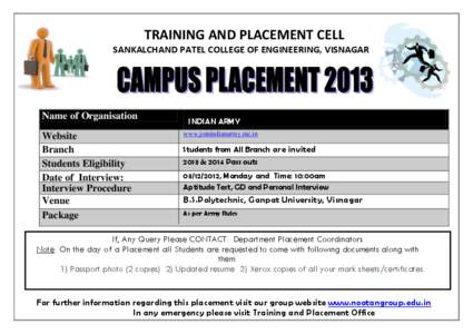 TRAINING AND PLACEMENT CELL SANKALCHAND PATEL COLLEGE OF ENGINEERING, VISNAGAR Name of Organisation Website Branch