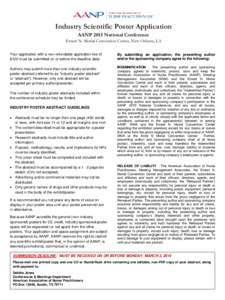 Industry Scientific Poster Application AANP 2015 National Conference Ernest N. Morial Convention Center, New Orleans, LA Your application with a non-refundable application fee of $120 must be submitted on or before the d