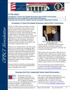May 29, 2007  In this Issue: Compassion In Action Roundtable Showcases Agency/FBCO Partnerships…...…...……..1 Business And Civic Leadership Center Award Nominations…………………………………. 1 Corpor