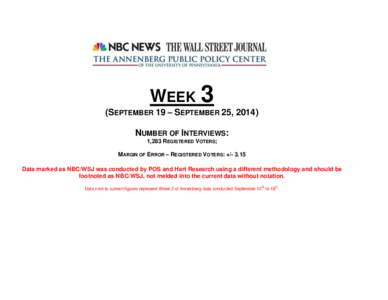 WEEK 3 (SEPTEMBER 19 – SEPTEMBER 25, 2014) NUMBER OF INTERVIEWS: 1,283 REGISTERED VOTERS; MARGIN OF ERROR – REGISTERED VOTERS: +/- 3.15 Data marked as NBC/WSJ was conducted by POS and Hart Research using a different 