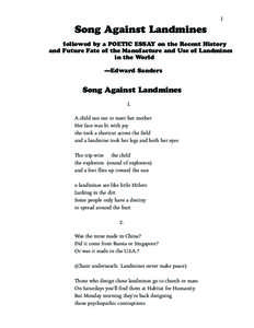 1  Song Against Landmines followed by a POETIC ESSAY on the Recent History and Future Fate of the Manufacture and Use of Landmines in the World