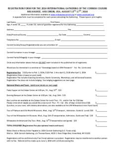 REGISTRATION FORM FOR THE 2014 INTERNATIONAL GATHERING OF THE CORNISH COUSINS