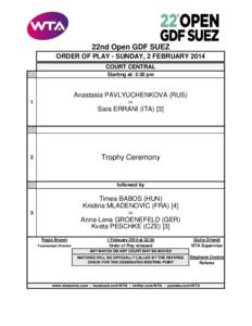 22nd Open GDF SUEZ ORDER OF PLAY - SUNDAY, 2 FEBRUARY 2014 COURT CENTRAL Starting at: 3:30 pm  Anastasia PAVLYUCHENKOVA (RUS)