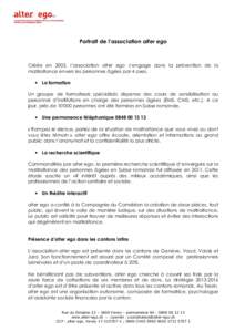 Portrait de l’association alter ego  Créée en 2002, l’association alter ego s’engage dans la prévention de la maltraitance envers les personnes âgées par 4 axes. • La formation Un groupe de formateurs spéci