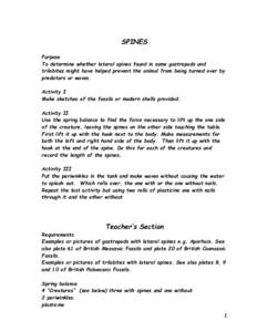 SPINES Purpose To determine whether lateral spines found in some gastropods and trilobites might have helped prevent the animal from being turned over by predators or waves. Activity I