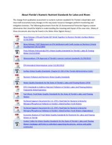 About Florida’s Numeric Nutrient Standards for Lakes and Rivers The change from qualitative assessment to numeric nutrient standards for Florida’s inland lakes and rivers will necessitate many changes in the way wate