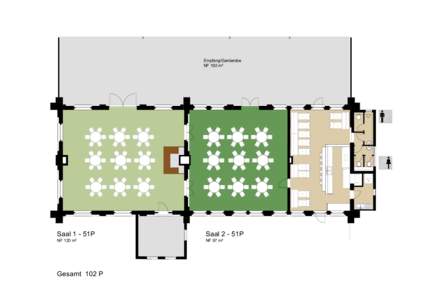 Empfang/Garderobe NF 192 m² Saal 1 - 51P  Saal 2 - 51P
