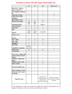 Providence Academy[removed]Upper School Supply List  Back Pack - Plain no logos or characters $ 2 Assignment notebook fee