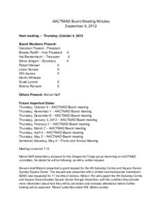 AACTMAD Board Meeting Minutes September 6, 2012 Next meeting – Thursday, October 4, 2012 Board Members Present: Gretchen Preston - President Brooke Ratliff – Vice President