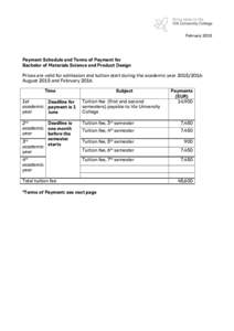 FebruaryPayment Schedule and Terms of Payment for Bachelor of Materials Science and Product Design Prices are valid for admission and tuition start during the academic year: August 2015 and February 2016