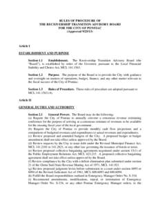 RULES OF PROCEDURE OF THE RECEIVERSHIP TRANSITION ADVISORY BOARD FOR THE CITY OF PONTIAC (Approved[removed]Article I