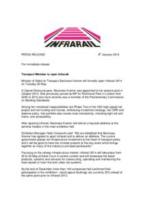 PRESS RELEASE  8th January 2014 For immediate release Transport Minister to open Infrarail