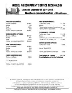 DIESEL AG EQUIPMENT SERVICE TECHNOLOGY Estimated Expenses for[removed] – Milford Campus FIRST QUARTER EXPENSES Tuition and Fees