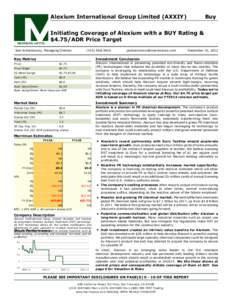 Alexium International Group Limited (AXXIY)  MERRIMAN CAPITAL Initiating Coverage of Alexium with a BUY Rating & $4.75/ADR Price Target